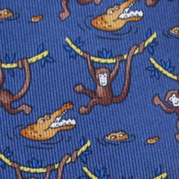 100% REAL HERMES TIE ~ BLUE  FUN MONKEYS SWINGING VINES ABOVE TAN CROCODILES - Picture 1 of 4